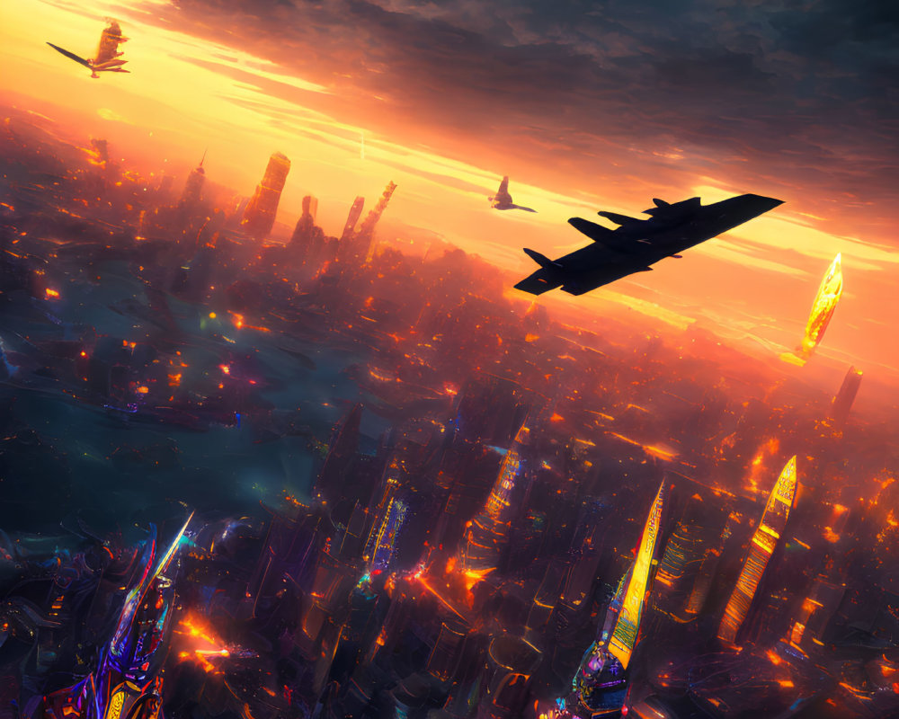 Futuristic cityscape with flying vehicles and neon-lit skyscrapers at sunset
