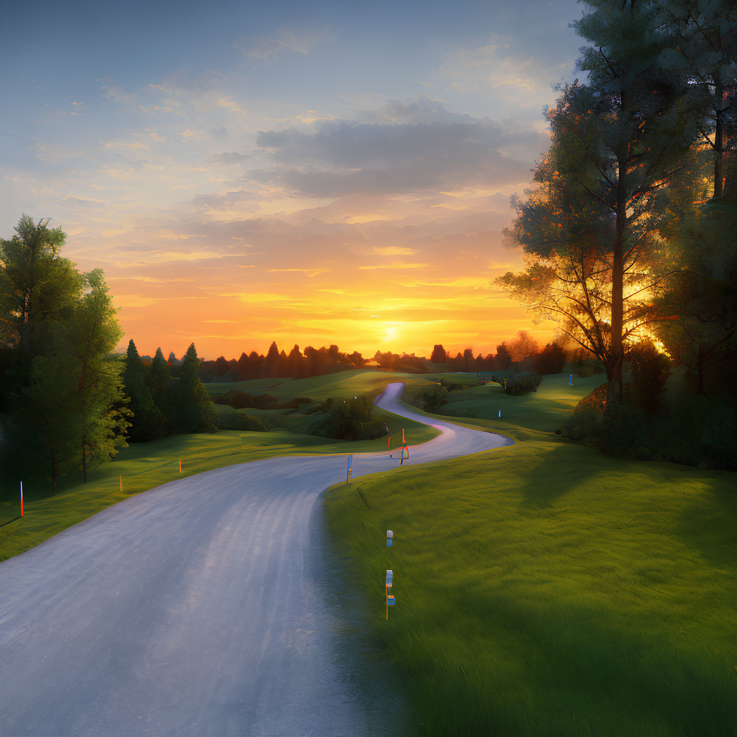 Scenic sunset golf course with winding path, green grass, trees