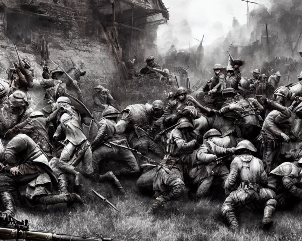 Monochrome chaotic battlefield scene with soldiers in close combat