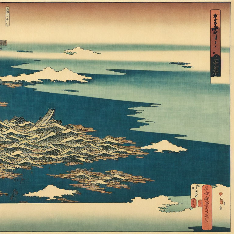 Japanese Woodblock Print of Serene Coastal Village Landscape