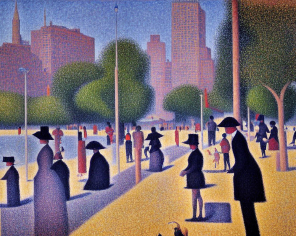Vibrant painting of stylized figures in urban park with skyscrapers on sunny day