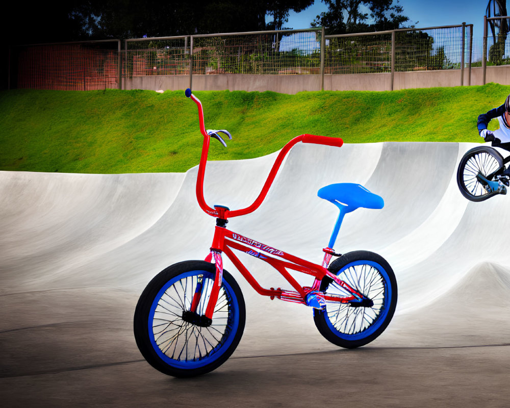 Vibrant red BMX bike at skate park with rider performing stunts