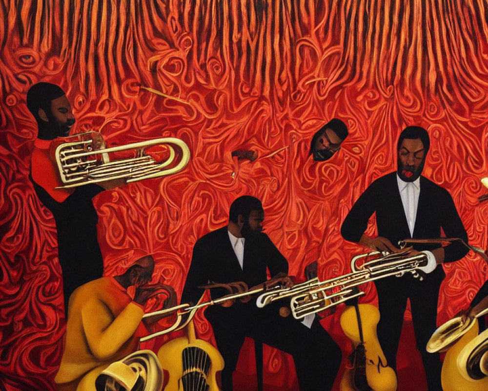 Colorful Jazz Band Painting with Musicians Playing Trombones and Double Bass