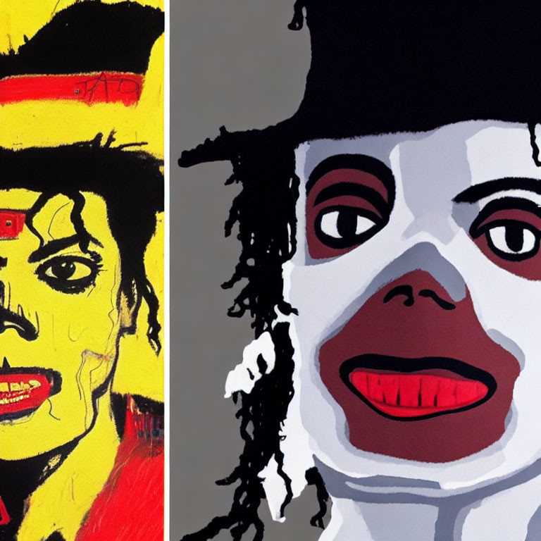 Stylized pop art portraits of figures in red and black hats