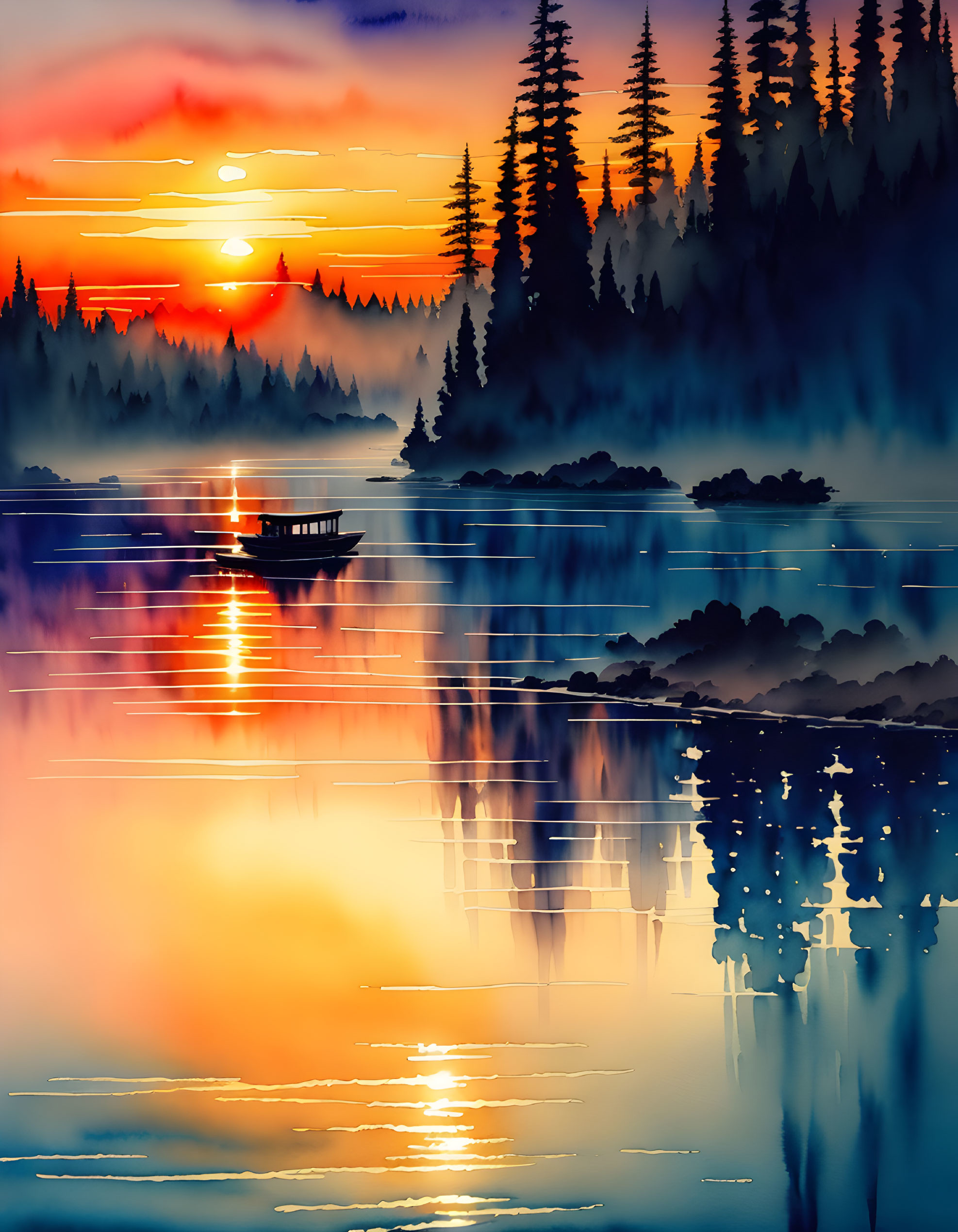 Tranquil sunset lake scene with vibrant colors, silhouetted trees, and a small boat