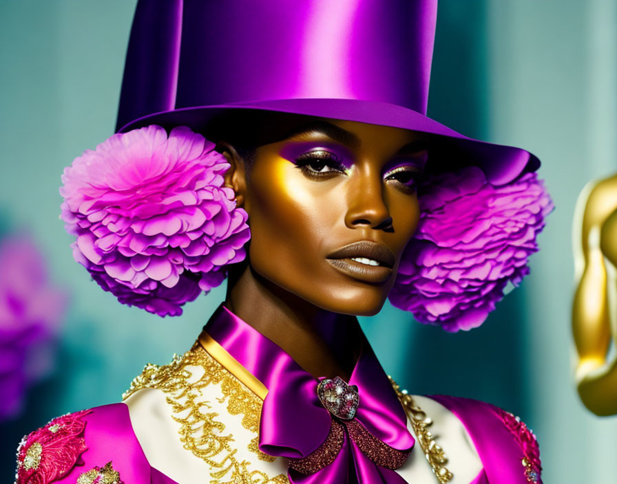 Colorful Person in Purple Top Hat with Golden Makeup and Pink Flowers on Teal Background
