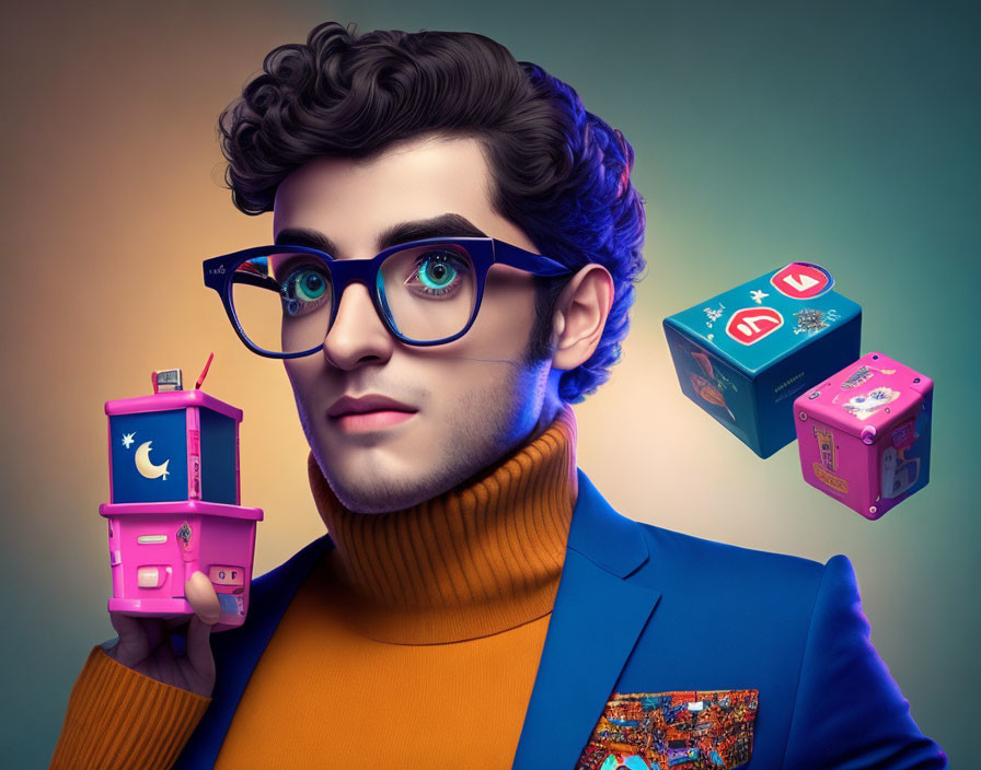 Colorful portrait of man with curly hair and blue glasses holding pink phone, surrounded by floating cubes.