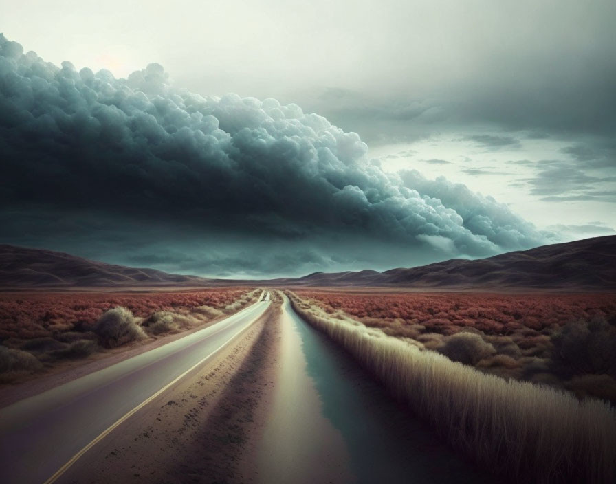 Desolate road under dramatic storm cloud and dry fields