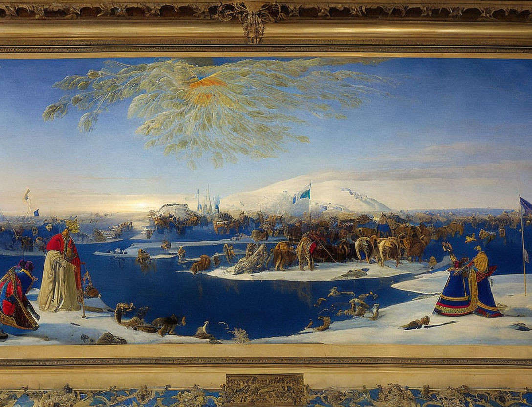 Historical Winter Scene with Festively Dressed Figures on Frozen River