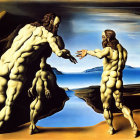 Surrealistic painting of nude men reaching in coastal landscape