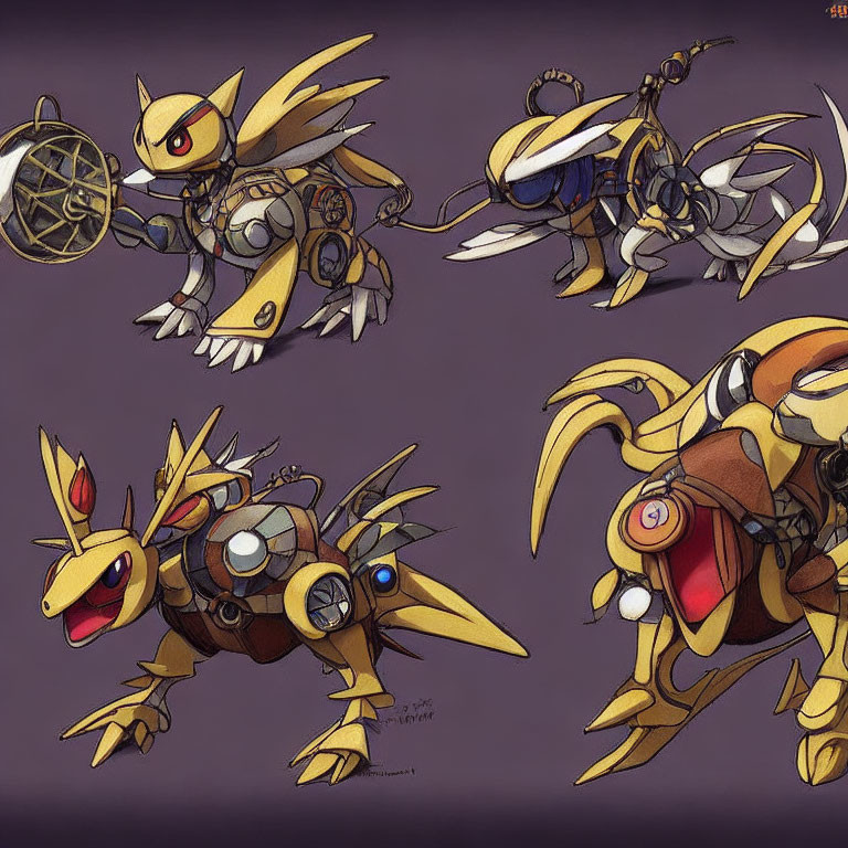 Stylized mechanical insect illustrations on purple background