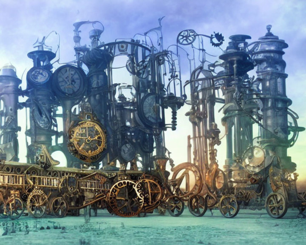 Intricate steampunk machine on wheels in misty landscape