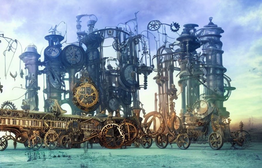 Intricate steampunk machine on wheels in misty landscape