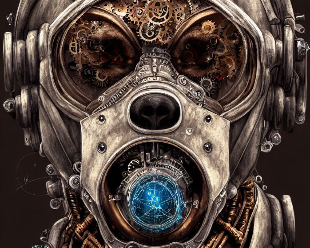 Steampunk-inspired mechanical head with cogwheel eyes and glowing energy core