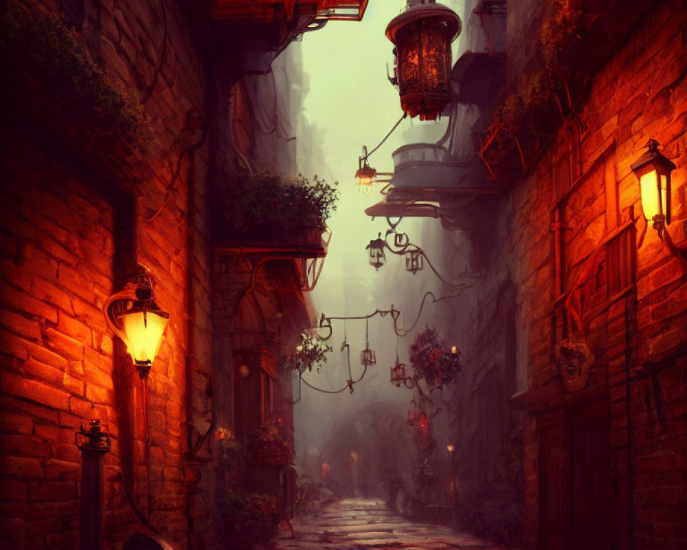 Cobblestoned alley with brick buildings, balconies, plants, and lanterns