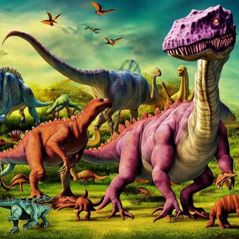 Colorful dinosaur scene with T-Rex and Brachiosaurs in lush landscape