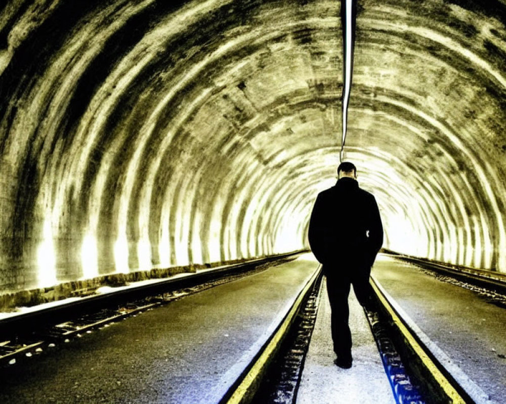 Person standing in center of tunnel with tracks and bright light at end