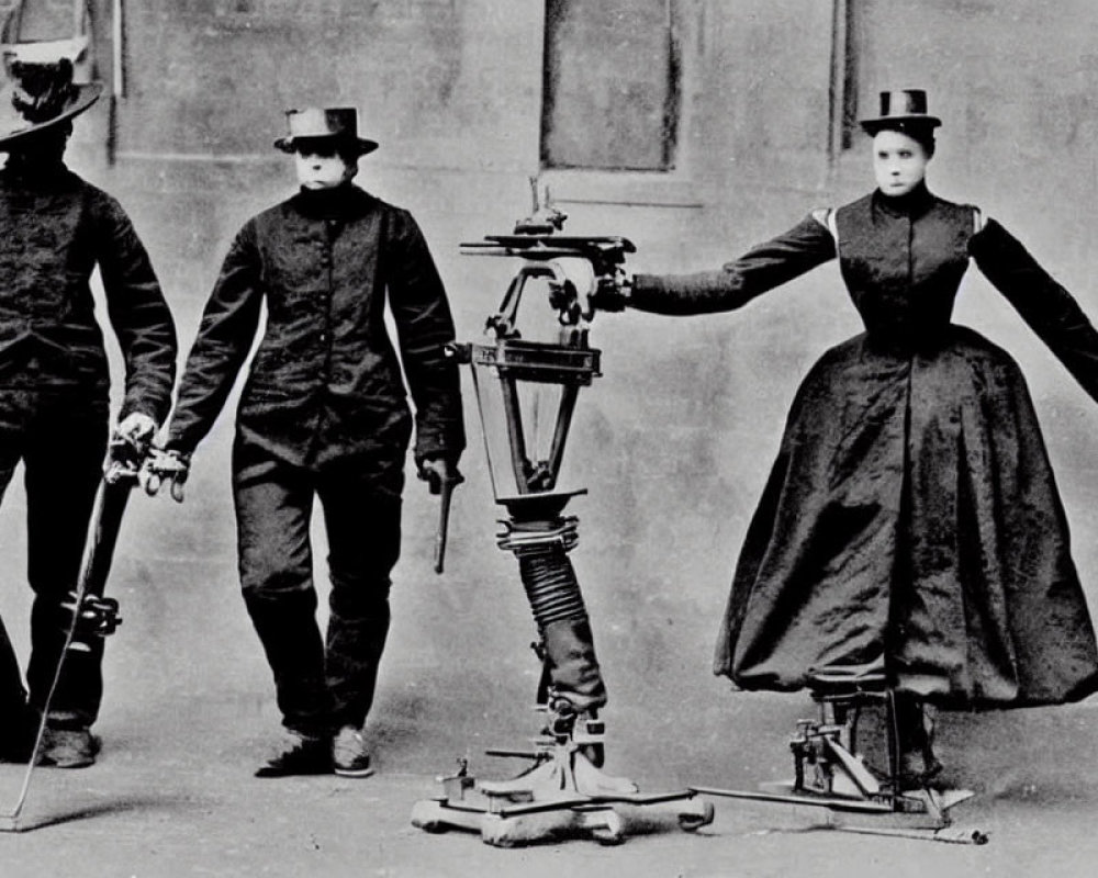 Vintage Attire Individuals Pose on Walking Contraption for Early Animation Effect
