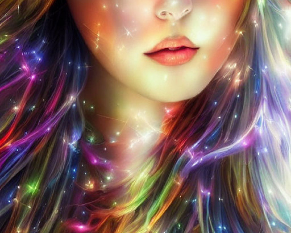 Colorful digital portrait of a woman with multicolored hair and eyes in cosmic setting