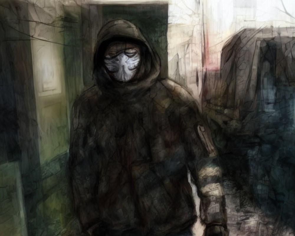 Hooded figure with obscured face in eerie alleyway scene