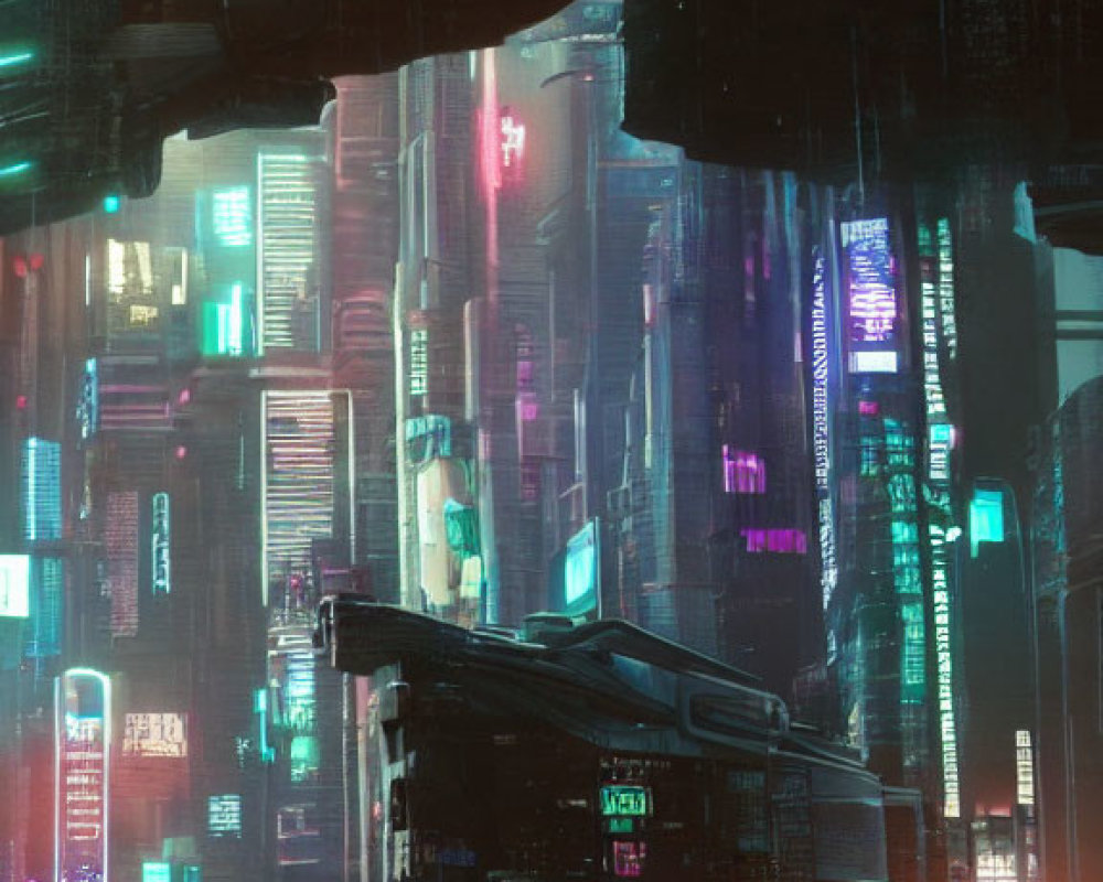 Futuristic night cityscape with neon signs, skyscrapers, and robotic arm