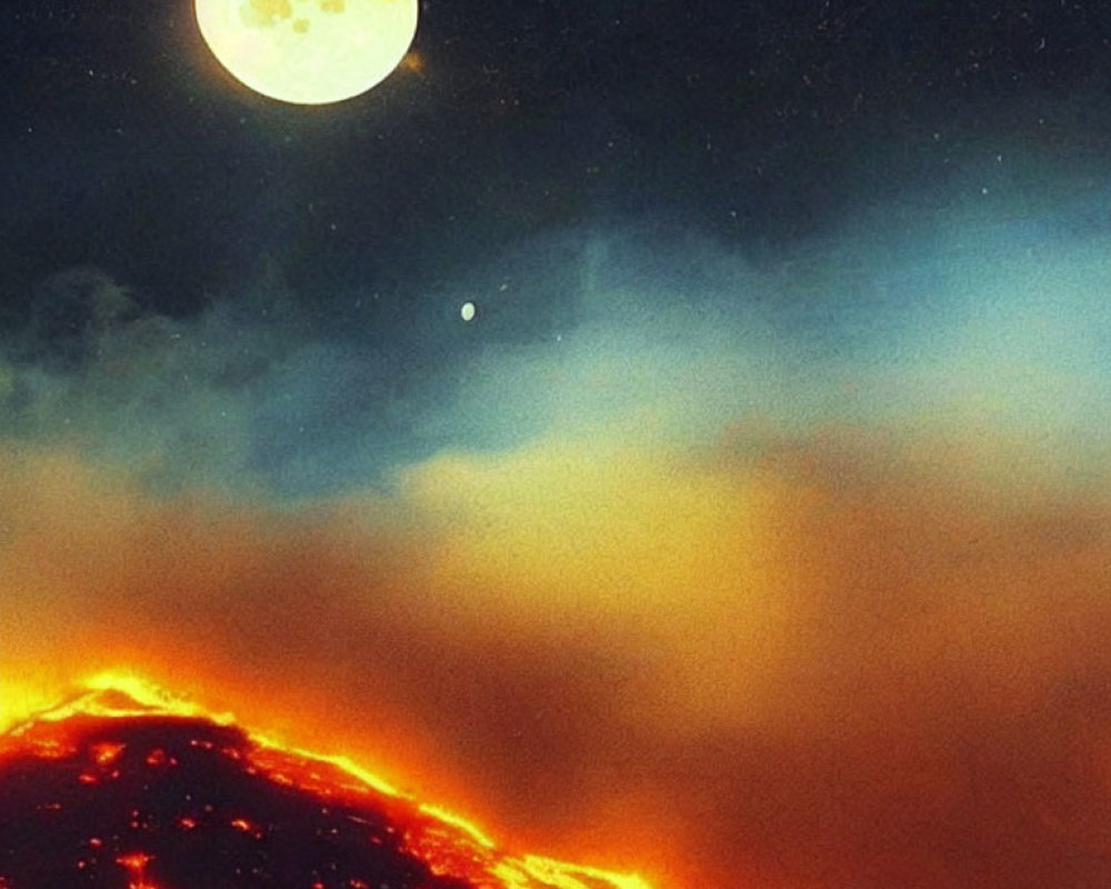 Volcanic eruption under full moon night sky