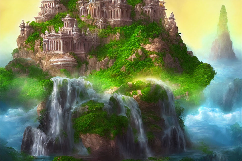 Majestic waterfalls, lush greenery, and ancient temples in misty landscape