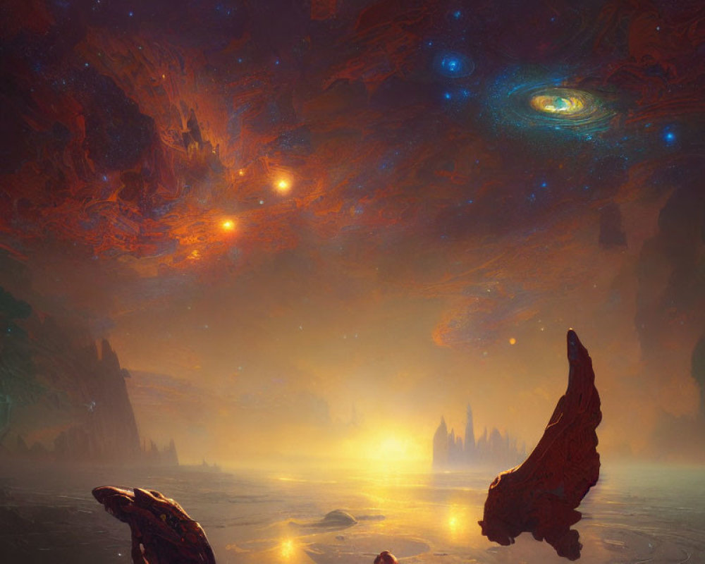 Majestic alien landscape with radiant sunset and cosmic sky