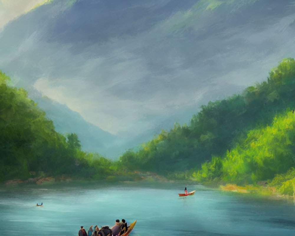 Tranquil river landscape with boats, greenery, and hills