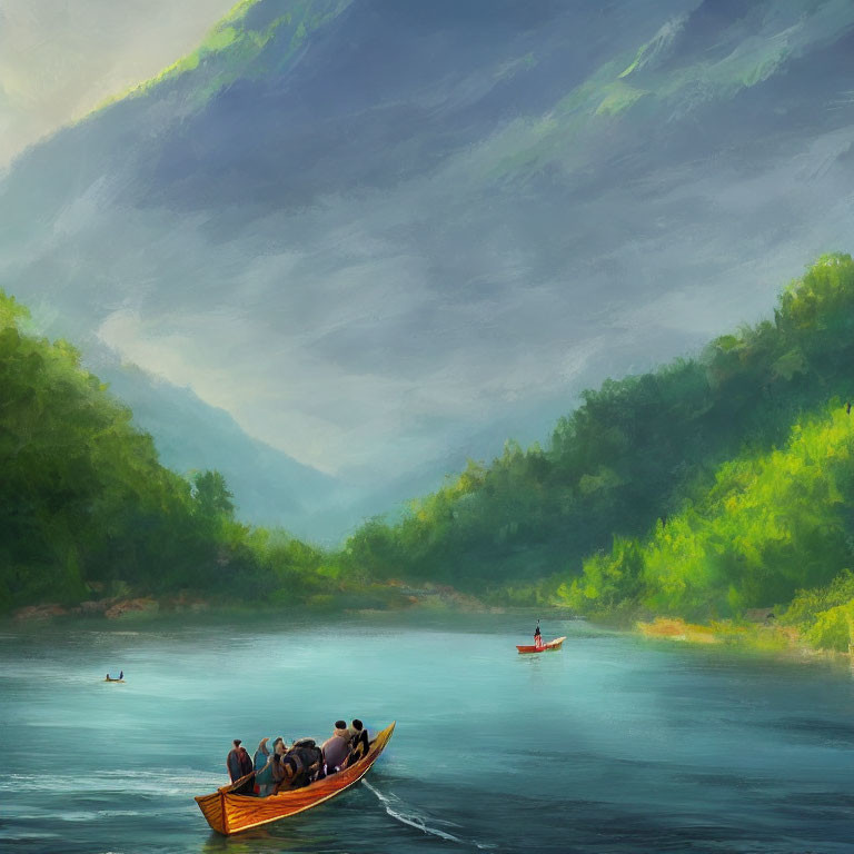 Tranquil river landscape with boats, greenery, and hills