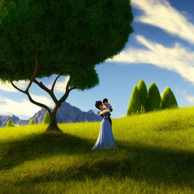 Animated characters embrace under vibrant meadow tree