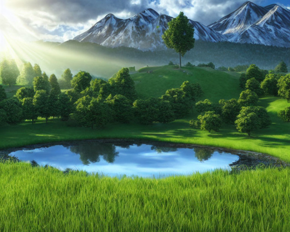 Tranquil landscape with pond, tree, and mountains at sunrise