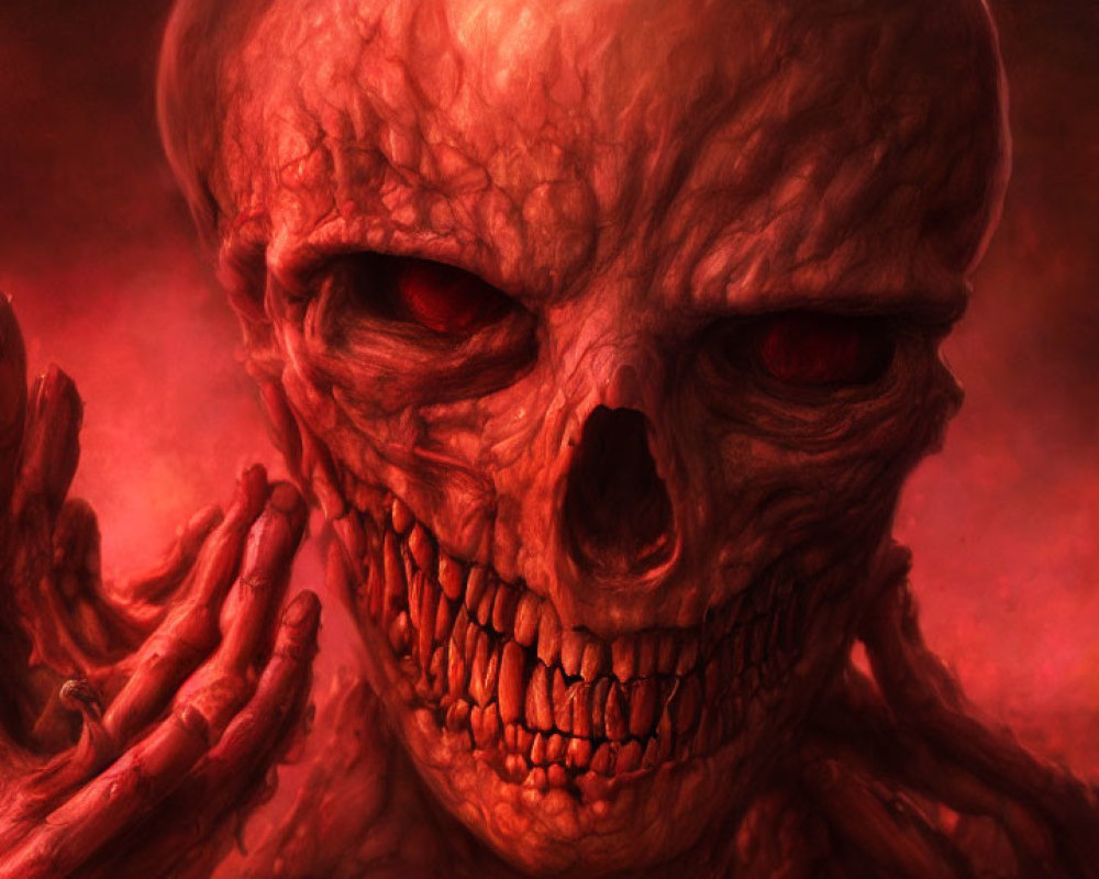 Skull-faced creature with sharp teeth in fiery red aura.