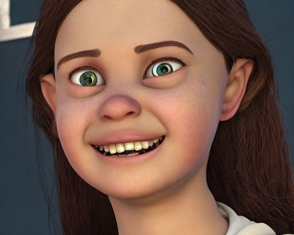 Smiling girl with green eyes and brown pigtails in 3D render