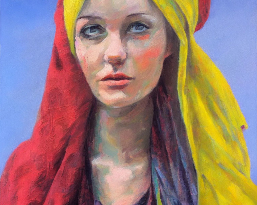 Portrait of Woman in Yellow and Red Headscarf on Blue Background
