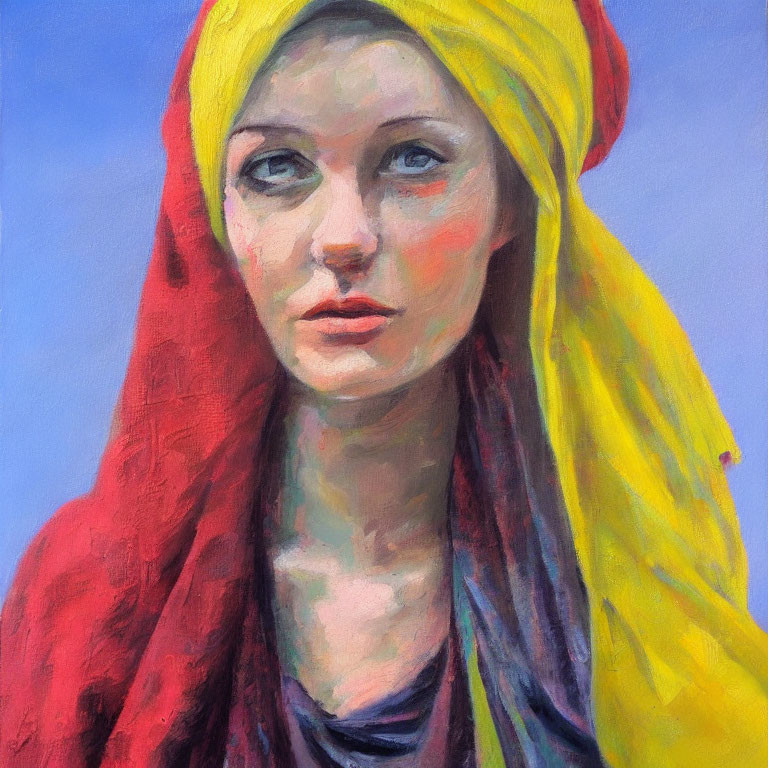 Portrait of Woman in Yellow and Red Headscarf on Blue Background