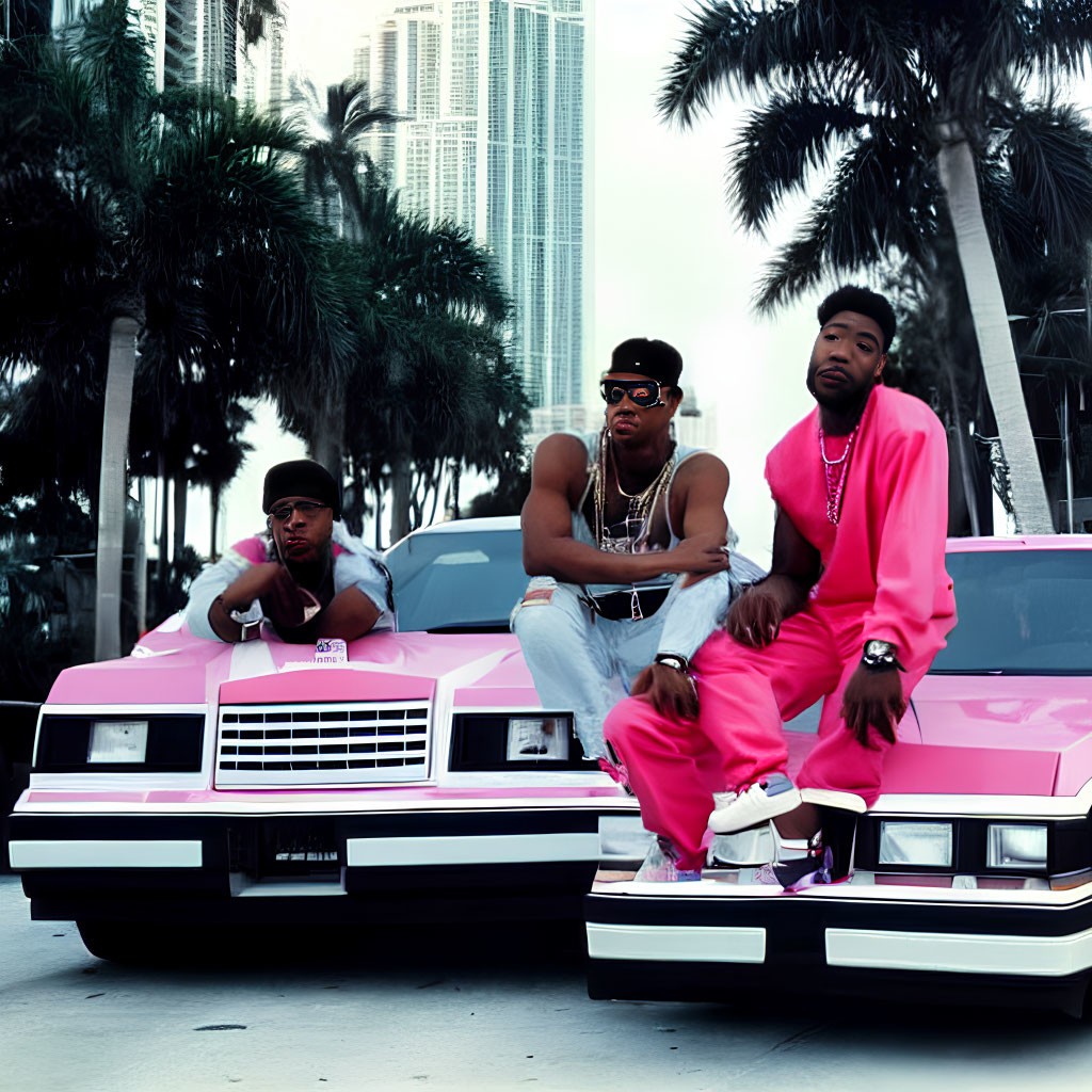 Three people posing with pink classic car in urban setting