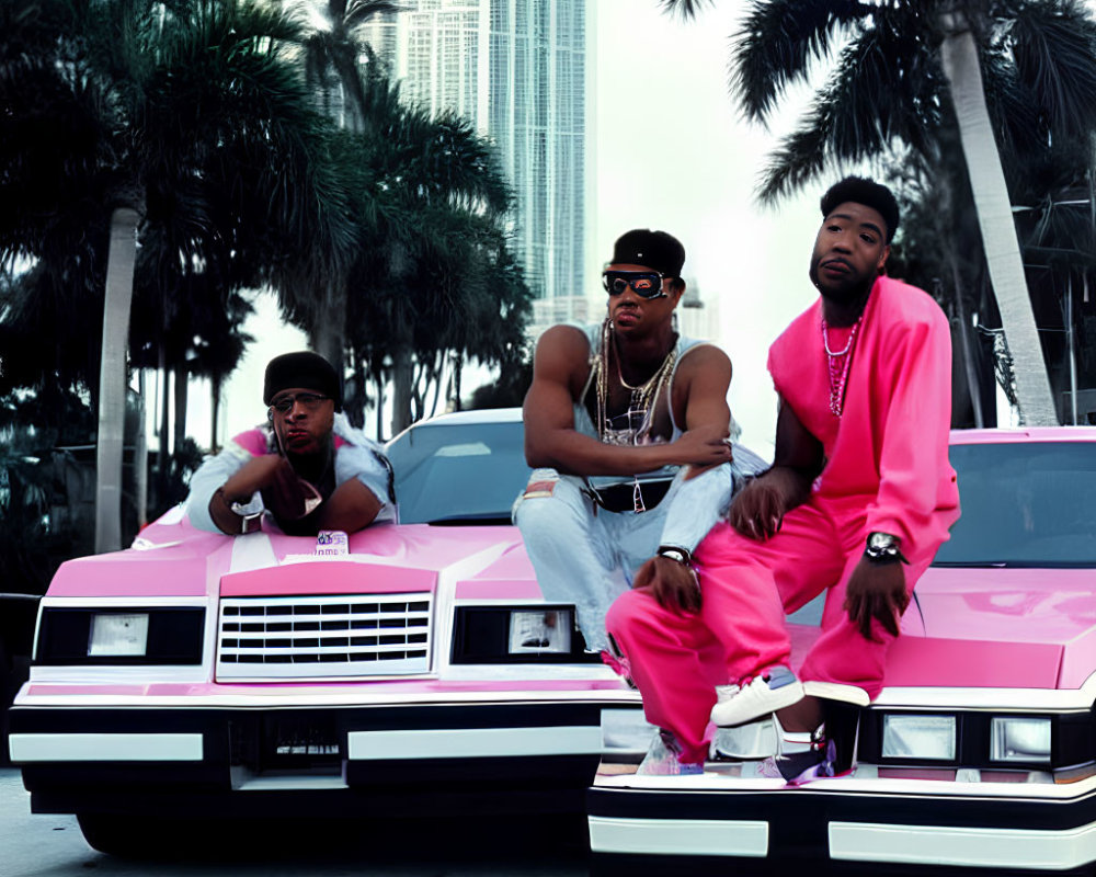 Three people posing with pink classic car in urban setting