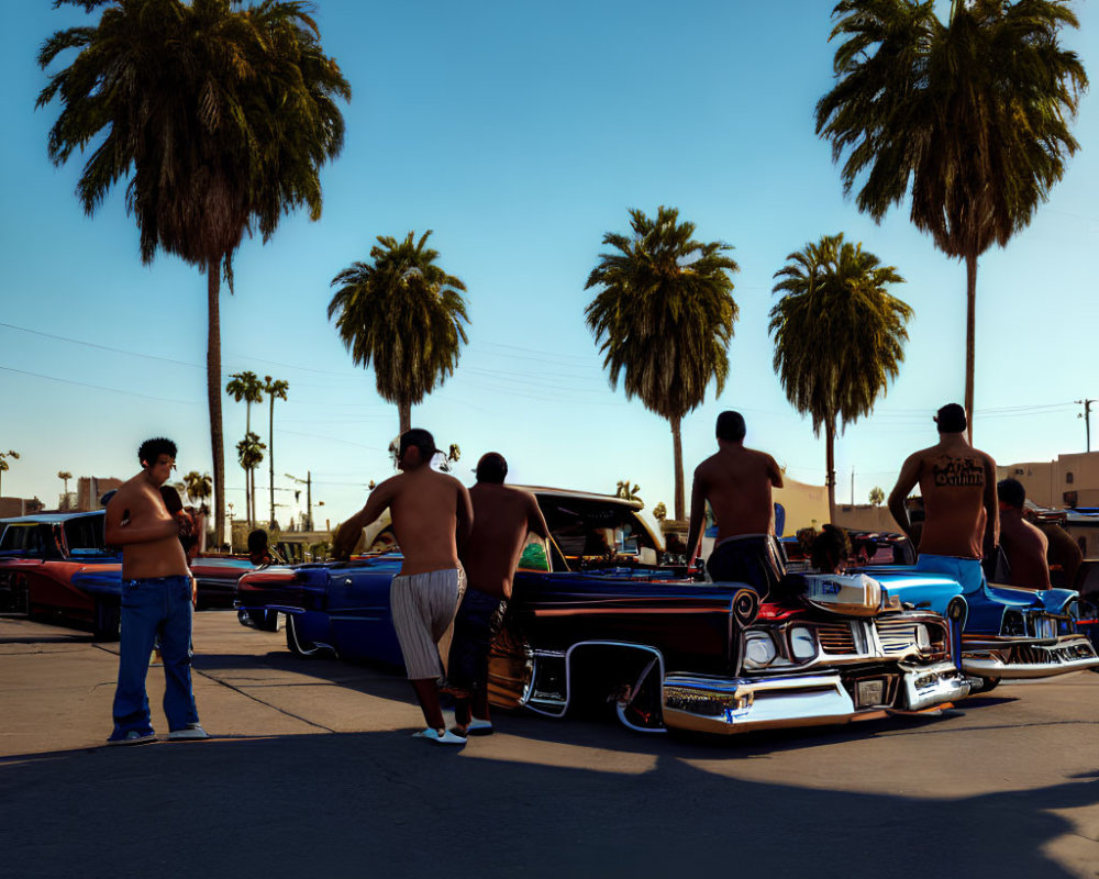 Group of People Enjoying Classic Lowrider Cars Under Palm Trees