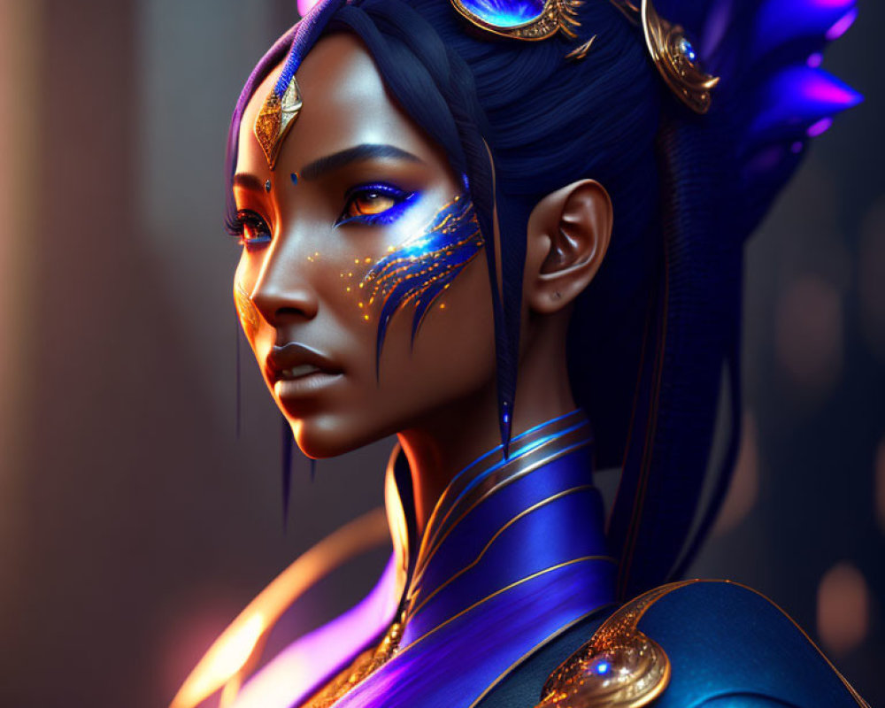 Blue-skinned woman in golden armor and headpieces with purple feathers