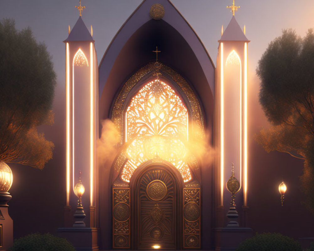 Ornate church entrance with lanterns, mist, and rose window at dusk
