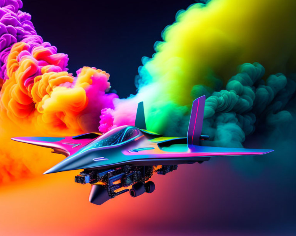 Futuristic jet with neon accents flying fast over multicolored smoke on gradient background