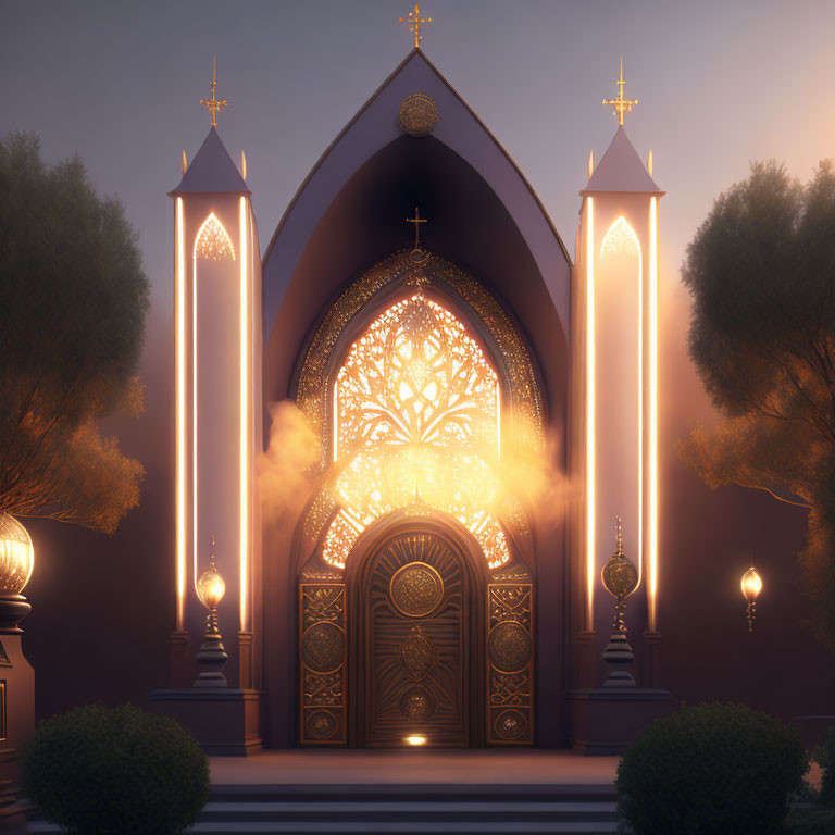 Ornate church entrance with lanterns, mist, and rose window at dusk