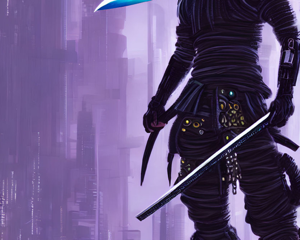 Futuristic ninja with glowing blue sword in urban setting.