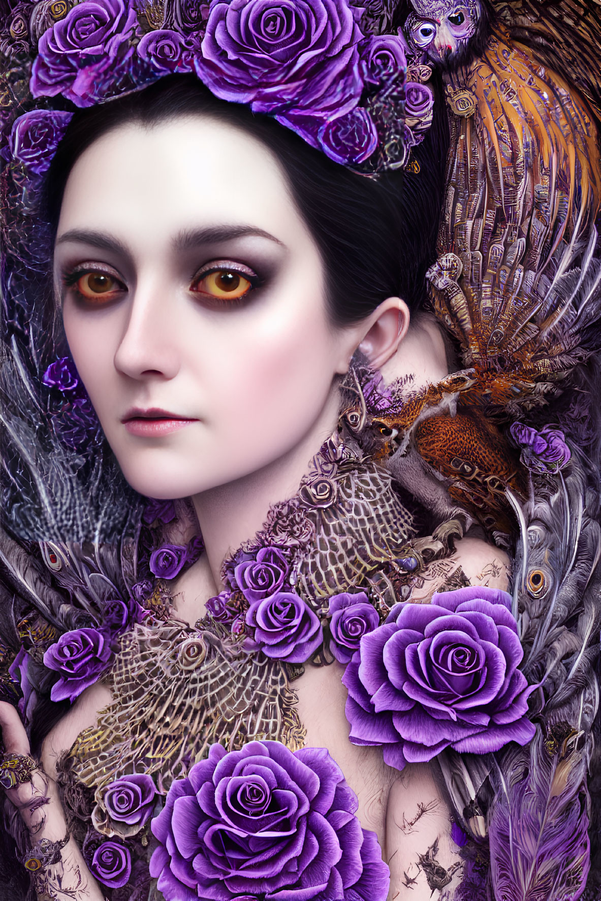 Portrait of a woman with purple roses, golden eyes, and ornate feathered details