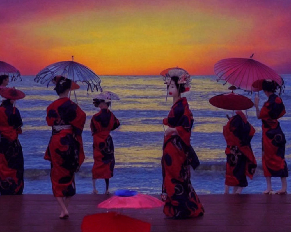 Traditional Japanese kimono-clad people with umbrellas on wooden deck at vibrant sunset.