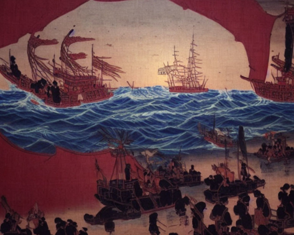 Historic maritime painting of sailing ships on red seas with cave silhouette