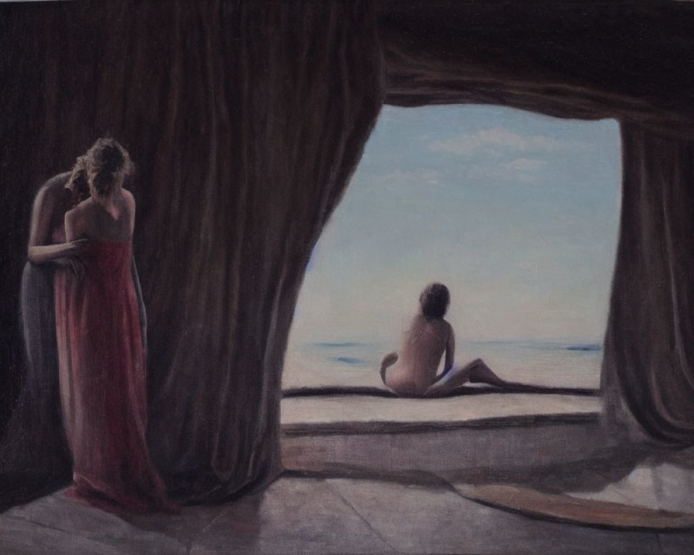 Artwork featuring two figures at cave opening overlooking seascape