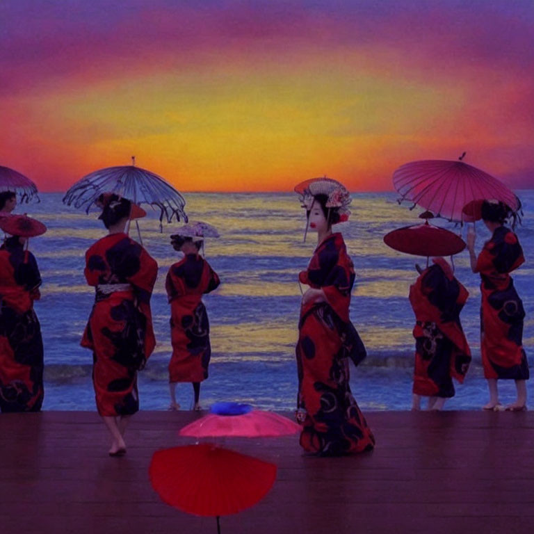 Traditional Japanese kimono-clad people with umbrellas on wooden deck at vibrant sunset.