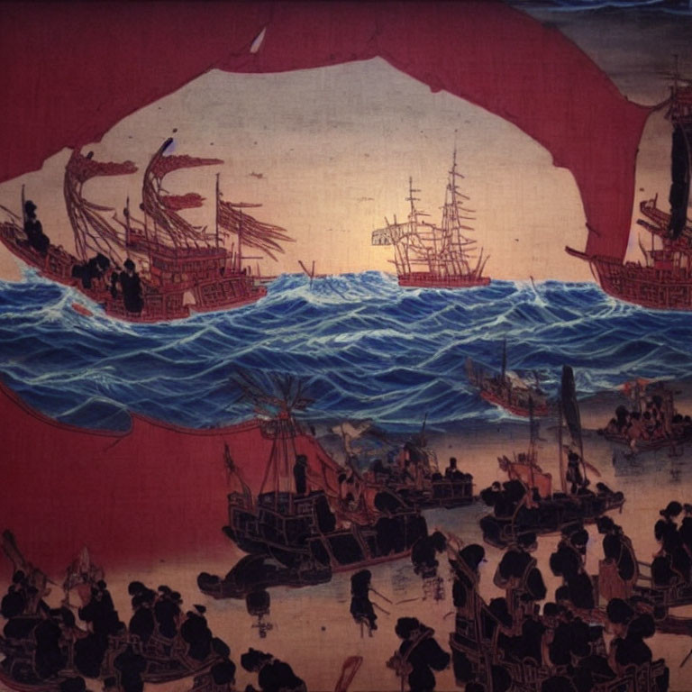 Historic maritime painting of sailing ships on red seas with cave silhouette